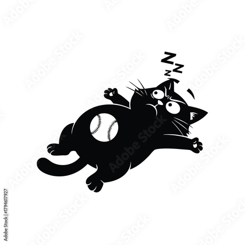 Lazy black cat playing baseball sleeping tired animal cartoon vector illustration