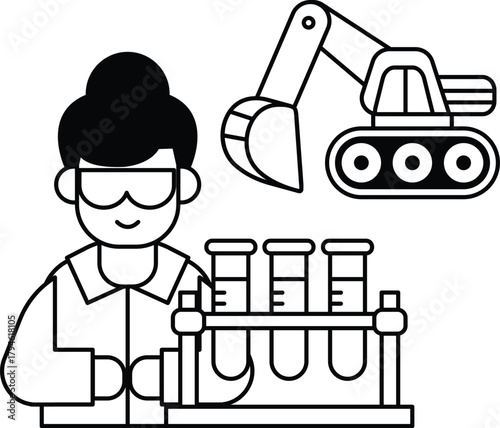 A man in a lab coat is working with a machine that looks like a large excavator