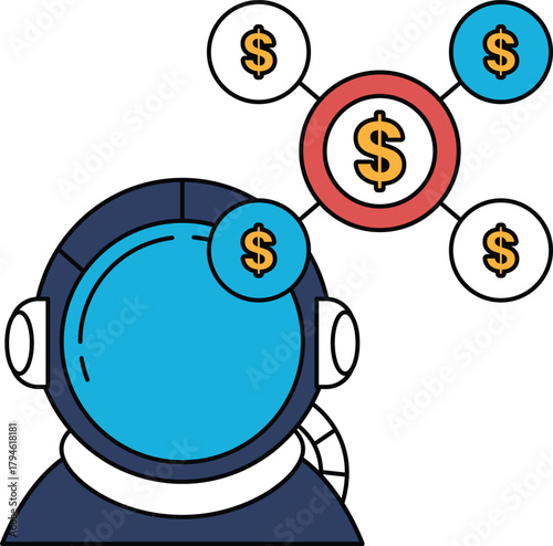 A man in a spacesuit with a dollar sign on his head