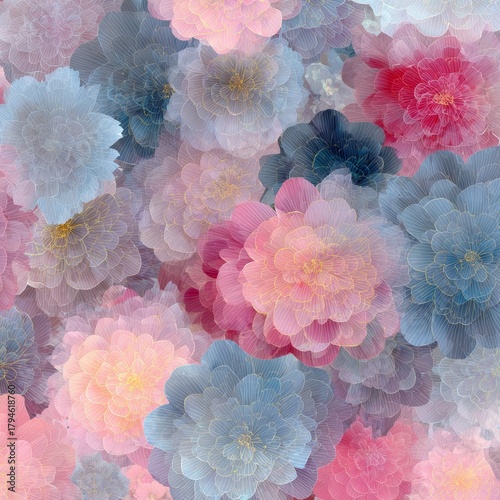 An abstract, painterly floral texture background featuring a mix of dusty pinks, blues, and creams, creating a soft, dreamy, and expressive pattern ideal for feminine or wedding designs.