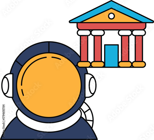 A man in a space suit is standing in front of a building