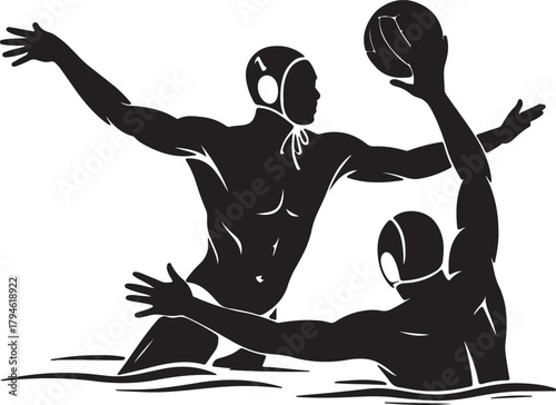 Water Polo Players with Ball Vector Silhouette Sport Athlete in Water Competitive Game on Transparent Background Isolate 130