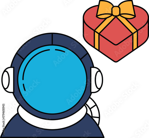 A black and white drawing of a man in a space suit with a box of chocolates in t