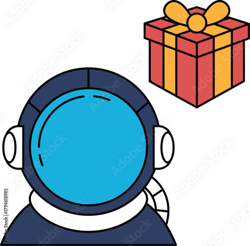 A black and white drawing of a man in a space suit with a box behind him