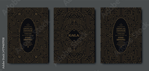 Premium gala card design, gold elegant frame, modern line art, luxury geometric pattern. VIP vector template classic deco, event invitations, posters, party flyers, award ceremonies