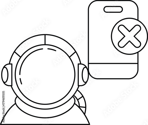 A man in a spacesuit is wearing headphones and looking at a cell phone