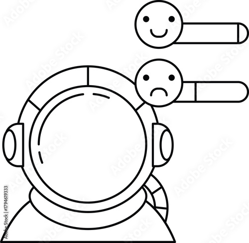 A cartoon of a man in a space suit with a frowning face