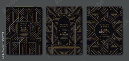 Premium gala card design, gold elegant frame, modern line art, luxury geometric pattern. VIP vector template classic deco, event invitations, posters, party flyers, award ceremonies