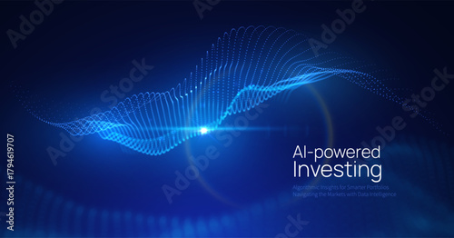 Data particles digital information in deep blue cosmic space. Concept of big data burst, blockchain technology, AI data processing, network energy. Backdrop for presentations and dynamic backgrounds.