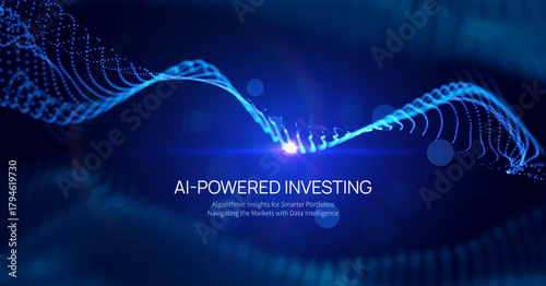 Futuristic AI Fintech background with flowing blue data particles in space. Secure, algorithmic trading, blockchain technology, and big data analysis for corporate presentations and financial branding