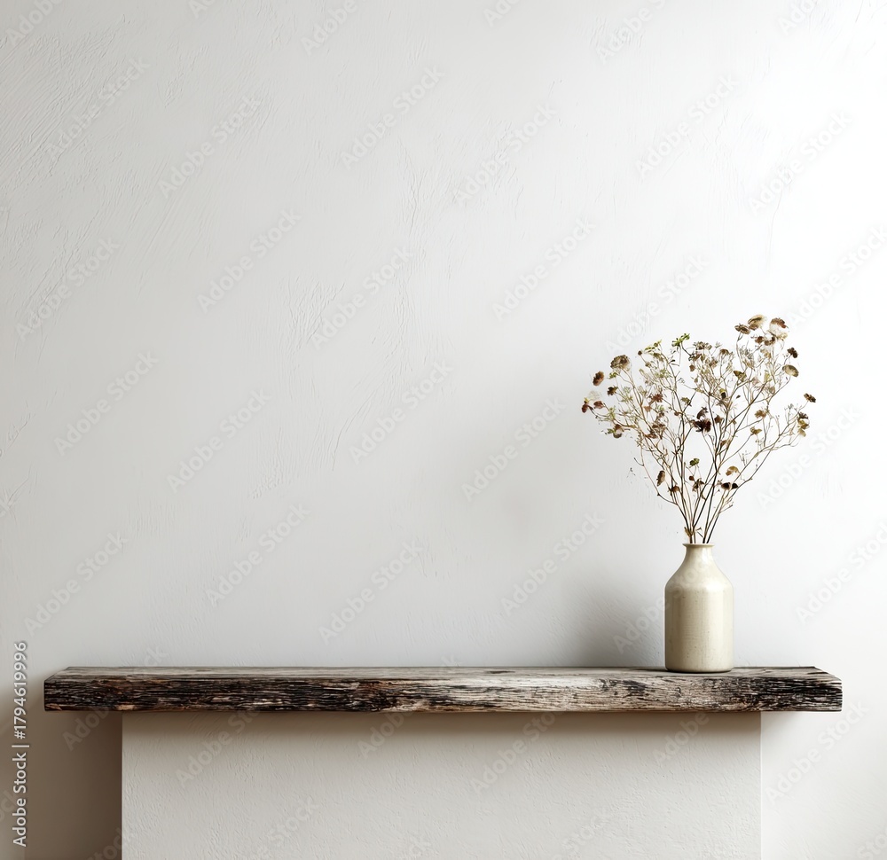 custom made wallpaper toronto digitalA rustic wooden shelf with a vase of dried flowers against a blank white wall