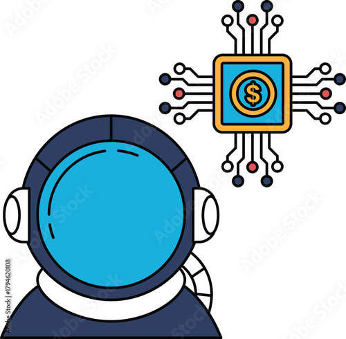 A man in a spacesuit is looking at a computer screen with a dollar sign on it