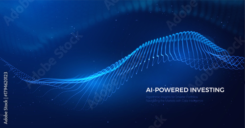 Data particles digital information in deep blue cosmic space. Concept of big data burst, blockchain technology, AI data processing, network energy. Backdrop for presentations and dynamic backgrounds.