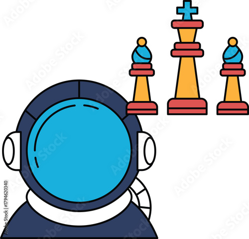 A man in a spacesuit is looking at three chess pieces