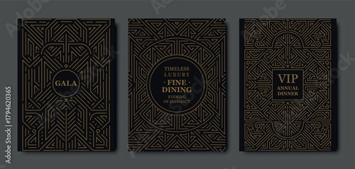 Premium gala card design, gold elegant frame, modern line art, luxury geometric pattern. VIP vector template classic deco, event invitations, posters, party flyers, award ceremonies