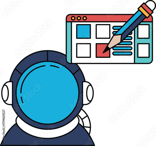 A man in a spacesuit is drawing on a computer screen