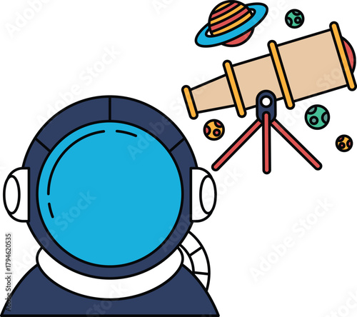 A man in a space suit is looking through a telescope
