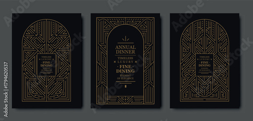 Premium gala card design, gold elegant frame, modern line art, luxury geometric pattern. VIP vector template classic deco, event invitations, posters, party flyers, award ceremonies