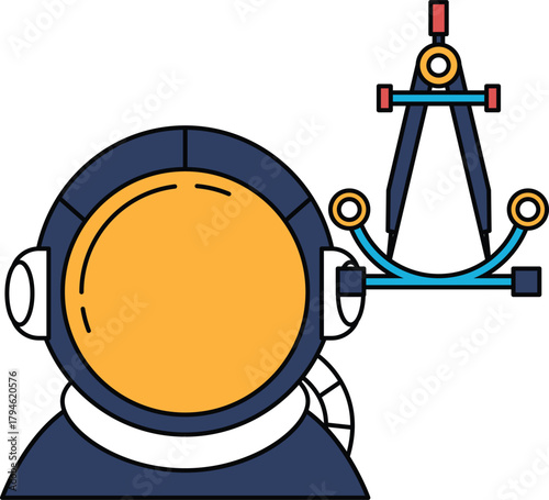 A man in a space suit is standing next to a compass