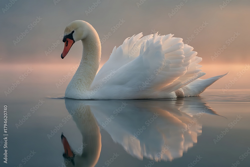 Obraz premium White Swan on Calm Lake, Perfectly Centered