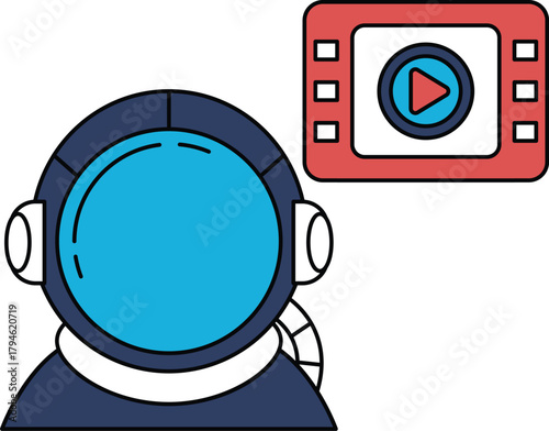 A man in a space suit is wearing headphones and looking at a video screen