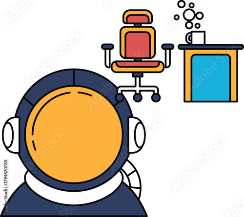 A man in a spacesuit is looking at a desk with a chair and a cup of coffee