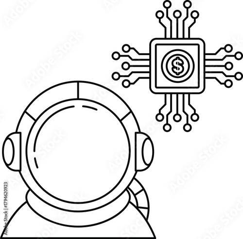 A man in a spacesuit is looking at a computer screen with a dollar sign on it