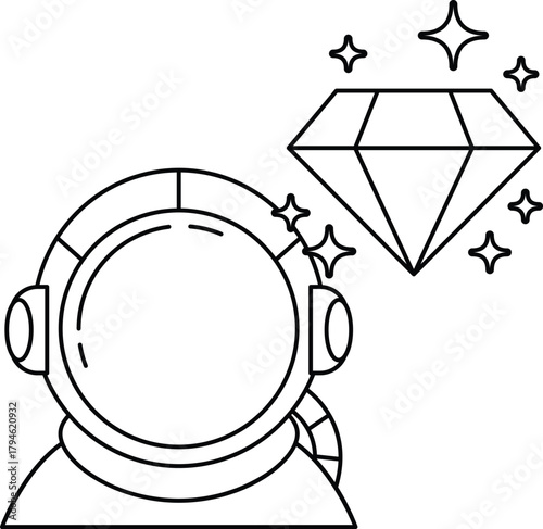 A black and white drawing of a man in a spacesuit with a diamond on his helmet