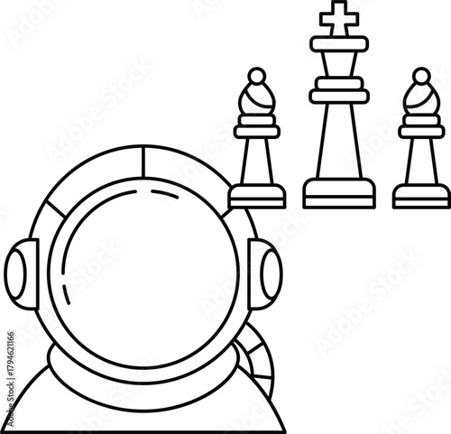 A man in a spacesuit is looking at three chess pieces