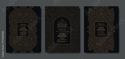 Premium gala card design, gold elegant frame, modern line art, luxury geometric pattern. VIP vector template classic deco, event invitations, posters, party flyers, award ceremonies