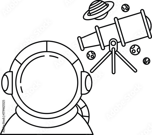 A man in a space suit is looking through a telescope
