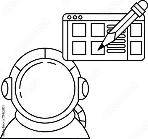 A man in a spacesuit is drawing on a computer screen