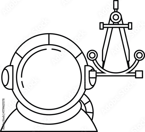 A man in a space suit is standing next to a compass