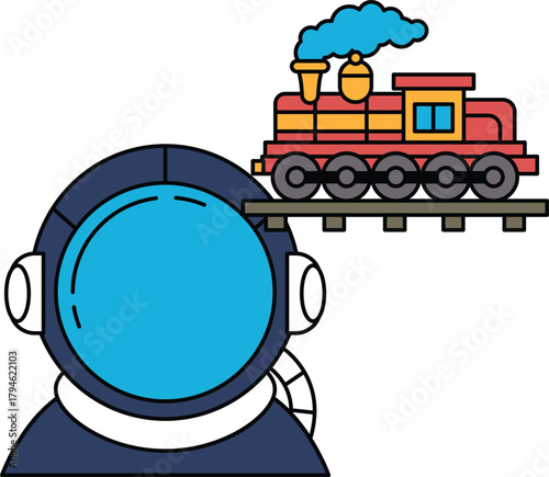 A man in a space suit is looking at a train