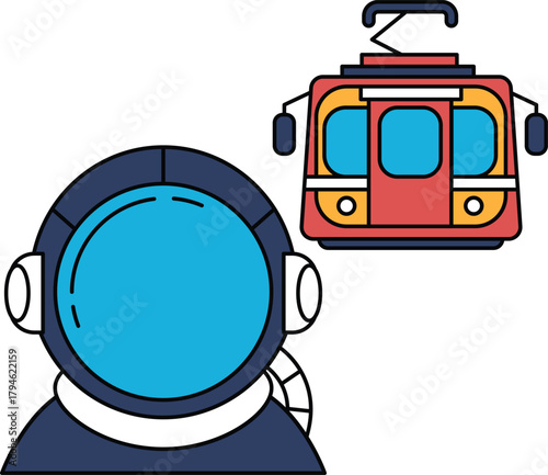 A man in a space suit is looking at a train