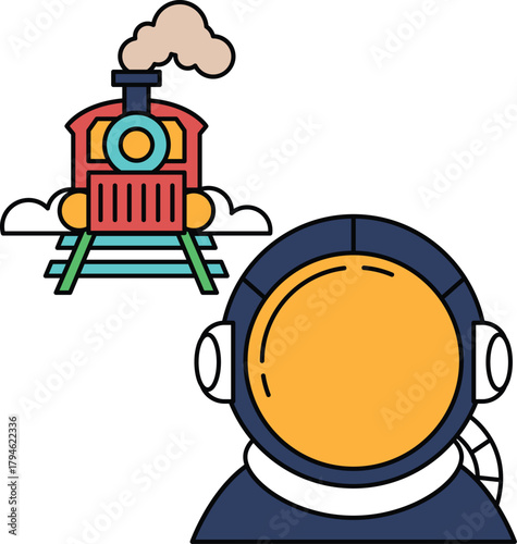 A train is on the tracks and a man in a spacesuit is looking at it