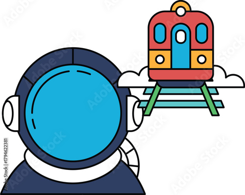 A man in a space suit is looking at a train