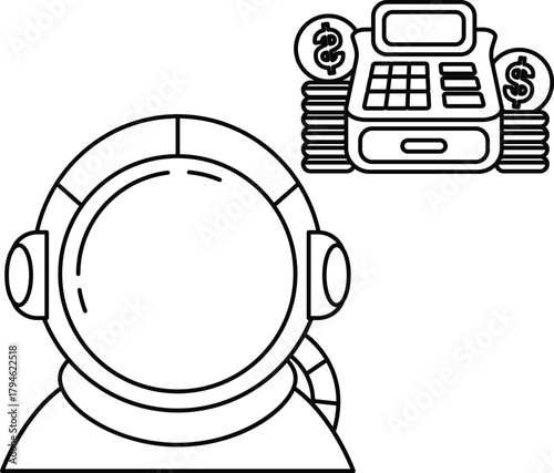 A man in a spacesuit is looking at a cash register with a pile of money on top