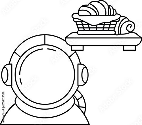 A man in a space suit is looking at a plate of food