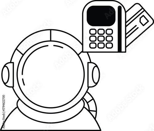 A man in a spacesuit is looking at a credit card machine