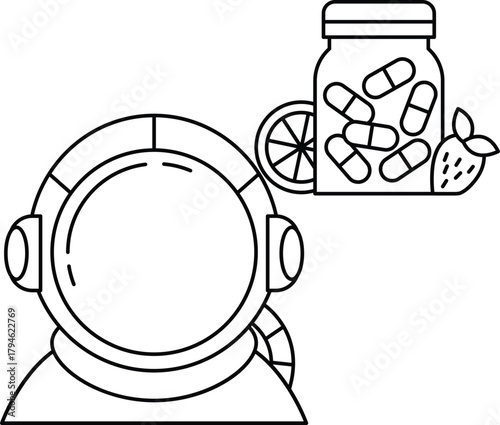 A man in a space suit is looking at a jar of pills