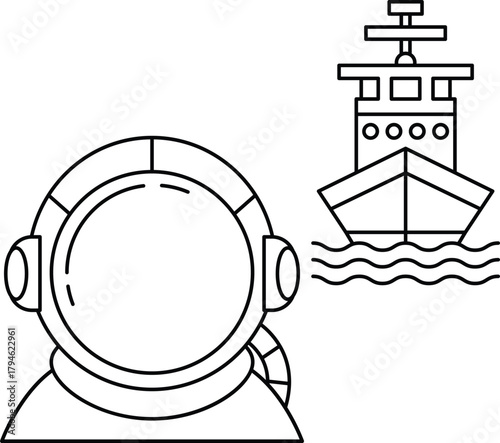A man in a diving suit is looking at a boat