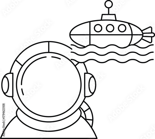 A man in a diving suit is looking at a submarine