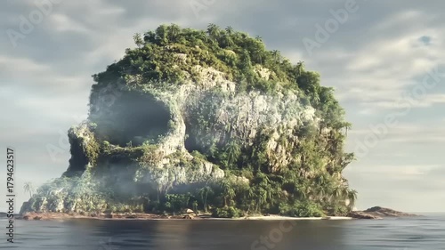 Skull shaped island with tropical vegetation and blue water environment