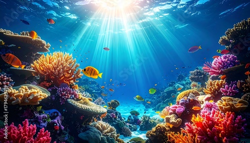 Fototapeta Naklejka Na Ścianę i Meble -  Underwater coral reef scene with vibrant coral, fish, and sunbeams piercing the blue water
