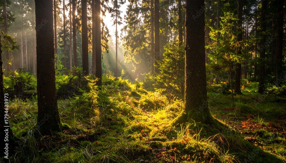 Fototapeta premium Sun rays filter through the tall trees in a dense forest, illuminating the mossy ground in a serene scene