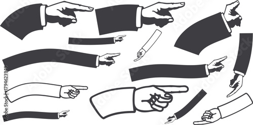 Collection of Retro Style Pointing Hands Silhouettes for Graphic Design Use