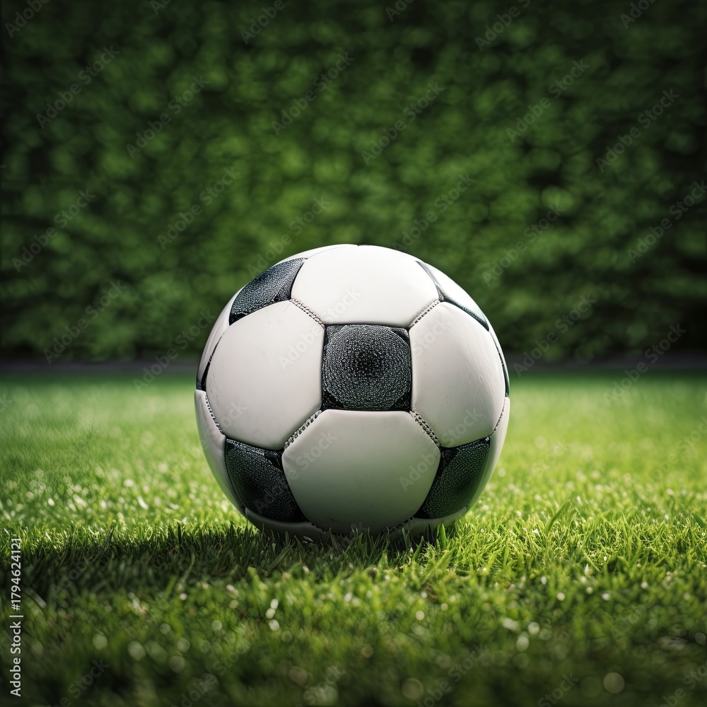 Fototapeta premium Classic Soccer Ball on Lush Green Grass, Ready for a Game of Skill and Precision Outdoors