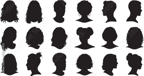 Diverse Silhouettes of Human Heads and Hairstyles, Black and White