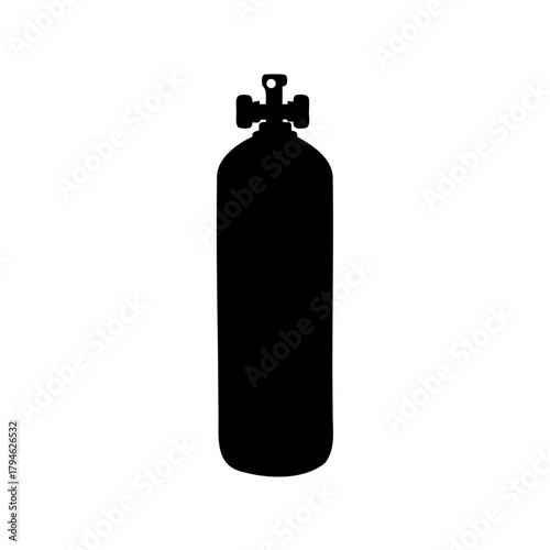 Silhouette of a black oxygen or gas cylinder with valve apparatus